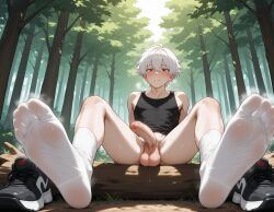 1boy ai_generated balls feet foot_fetish foreskin forest gay karlanx legs_spread precum red_eyes smelly sneakers socks solo spreading_legs sweating sweaty sweaty_feet sweaty_socks tank_top trees white_hair woods yaoi