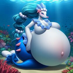 ai_generated anthro blue_hair female hyper_pregnant pokemon pokemon_(species) pregnant pregnant_anthro pregnant_belly pregnant_female primarina