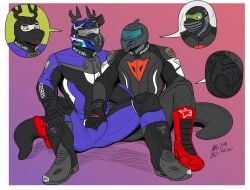 anthro ass balaclava biceps biker biker_boots biker_gloves black_balaclava black_bodysuit black_boots black_clothing black_footwear black_gloves black_handwear black_helmet black_leather black_skinsuit blue_bodysuit blue_clothing blue_helmet blue_leather blue_skinsuit bodysuit boots bulge bulge_focus bulge_fondling bulge_grab bulge_grope bulge_rubbing clothing crotch_focus crotch_fondling crotch_grab detailed_bulge dragon duo erection erection_under_bottomwear erection_under_clothing erection_under_pants footwear genital_outline gloves green_body green_scales grope groping_bulge groping_crotch hand_on_bulge hand_on_crotch handjob handjob_through_clothing handwear hi_res holding_bulge holding_crotch latex latex_bodysuit latex_clothing latex_skinsuit leather leather_boots leather_clothing leather_footwear leather_gloves leather_handwear leather_suit lizard male male/male manly mask motorcycle_helmet muscular muscular_anthro muscular_male mythological_creature mythological_scalie mythology penile penis penis_outline purple_background red_background red_boots red_clothing red_footwear reptile scales scalie sex shadow shoes simple_background skinsuit spread_legs spreading tail tenting tight_clothing topgearae86turbo white_body white_scales yellow_eyes