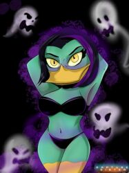 armpits blue_skin breasts colored_sclera colored_skin female full_moon ghost graveyard green_skin halloween hitodama jack-o'-lantern medium_breasts moon navel panties skull solo strapless_bra thighhighs underwear yellow_eyes