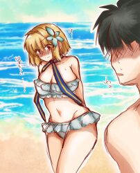 1boy 1girls 2323astronomy ahoge arcueid_brunestud arms_behind_back beach black_hair blonde_hair blue_ribbon blush breasts curvy flower_in_hair flustered gold_trim huge_breasts large_breasts looking_at_another melty_blood ocean red_eyes ribbon short_hair sweat swimsuit thick thick_thighs tohno_shiki top_heavy tsukihime wide_hips