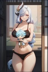 ai_generated aunt aunt_and_nephew big_breasts black_bra black_panties blue_hair genshin_impact incest nephew shenhe_(genshin_impact)