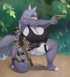 absurd_res aiming aiming_gun aiming_weapon areola armed belly beretta_m9a3 big_breasts blush bodily_fluids bottomless breasts canid canine canis chubby_legs clitoris clothed clothing costume curvy_figure dog_tags ear_tuft female fluffy fluffy_hair fluffy_tail fur genital_piercing genitals gradient_hair gun hair hi_res holding_gun holding_object holding_ranged_weapon holding_weapon holstered_pistol huge_breasts huge_thighs inner_ear_fluff inverted_nipples kneeling long_hair m9 mammal military_vest muscular nipples nipples_visible_through_clothing on_one_knee outside panties piercing plant plate_carrier purple_body purple_fur purple_hair ranged_weapon red_eyes rifle rutia(oc) rutia_uwu scar solo tail thick_thighs topwear topwear_only translucent translucent_clothing translucent_topwear tuft underwear urg-i vest voluptuous voluptuous_female weapon wolf