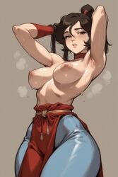 1girls ai_generated armpits avatar_legends avatar_the_last_airbender blush breasts brown_eyes brown_hair faprunner78 female female_only hands_behind_head hands_in_hair hips looking_at_viewer medium_breasts natural_breasts nickelodeon nicktoons nipples slim_girl slim_waist solo steam sweat sweaty sweaty_body thick_thighs thighs tied_hair topless ty_lee waist wide_hips