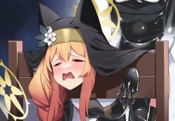 2girls animal_ear_headwear black_leotard black_veil blue_archive blush bondage bound bound_wrists breasts clothed_sex coif flower from_behind futa_with_female futanari gloved_sleeves halo hiememiko highres humping implied_futanari justina_follower_(blue_archive) latex latex_leotard latex_thighhighs leotard mari_(blue_archive) medium_breasts multiple_girls nun orange_hair pillory restrained sex sex_from_behind stationary_restraints thighhighs veil yellow_halo