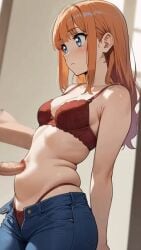 ai_animation ai_assisted ai_generated animated belly belly_button belly_button_fuck belly_button_penetration chubby chubby_female cum_in_navel cum_on_belly cute disembodied_penis green_eyes jeans jeans_down low_rise_jeans navel navel_fetish navel_fuck navel_penetration navel_poke red_bra red_hair redhead_female smile talking thong vertical_video