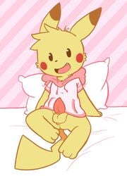 1boy 2015 3_toes anthro anthrofied anus balls bed clothing erection fur furry furry_only girly hoodie looking_at_viewer male male_only mammal mouse nintendo nude oob open_mouth penis pikachu pillow pokemon rodent sitting smile solo toes tongue video_games