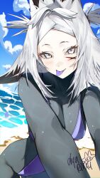 animal_ears beach bikini blue_sky breasts cloud day dya_rikku dya_rikku_(vtuber) female looking_at_viewer ocean outdoors signature sky smile solo swimsuit tongue tongue_out vyugen water