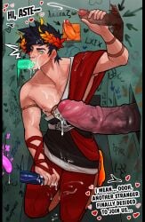 7boys anthro asterius_(hades) big_penis black_hair blowjob cock cum cum_on cum_on_chest cum_on_clothes cum_on_face cum_on_upper_body dialogue fellatio gay glory_hole glowing_genitalia glowing_penis hades_(game) heterochromia interspecies male males_only nipples pecs penis penis_piercing piercing waqwasu yaoi zagreus