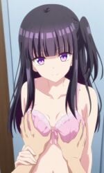 , 1girl, ai_generated black_hair bra mizushina_hotaru netsuzou_trap purple_eyes