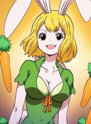blonde_hair breasts carrot carrot_(one_piece) cleavage clothing female female_only food furry furry_only hair happy kawaii lagomorph looking_at_viewer mink_tribe one_piece open_mouth rabbit sweet vegetable