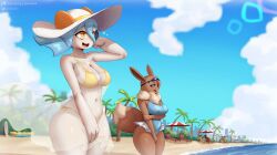 2025 2girls absurd_res aged_down anthro beach beach_chair beach_umbrella big_breasts bikini blue_clothing blue_eyes blue_one-piece_swimsuit blue_swimwear breasts brown_body brown_fur cleavage clothed clothing cloud detailed_background digital_media_(artwork) duo_focus eevee eyewear eyewear_on_head female female_only fingers fur gammainks generation_1_pokemon generation_3_pokemon goggles goggles_on_head group happy hat headgear headwear holding_own_arm kirlia mandy_(gammainks) navel nintendo nipple_outline one-piece_swimsuit open_mouth open_smile palm_tree parasol plant pokemon pokemon_(species) sand seaside shiny_pokemon smile sun_hat surfboard swimwear tail thick_thighs translucent translucent_clothing tree two-piece_swimsuit valerie_(gammainks) water wide_hips wind yellow_bikini yellow_clothing yellow_eyes yellow_swimwear