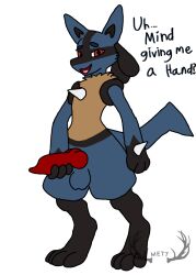 animal_genitalia animal_penis anthro balls black_body black_feet black_fur blue_body blue_fur ears_up feet fur generation_4_pokemon genitals hi_res inviting knot knotted_penis lucario male masturbation mettdesign_(artist) nintendo nude nude_male penis pokemon pokemon_(species) red_eyes requesting sex sex_request smile smiling_at_viewer solo spikes spikes_(anatomy) standing tan_body tan_fur tan_fur_tuft text watermark