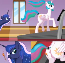 2015 alicorn anus ass blue_eyes blue_hair bsting cutie_mark duo equine exercise female feral fire friendship_is_magic fur hair horn horse long_hair mammal match my_little_pony princess_celestia_(mlp) princess_luna_(mlp) pussy smile unicorn wings