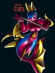 anthro anthrofied black_background breasts bubble carvanha chains elpatrixf female fish furry-specific_piercing kibanha marine mermaid mermaid_tail nintendo nude piercing pokemon pussy red_eyes solo swimming underwater video_games water wide_hips