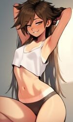 ai_generated alternate_hair_length alternate_hairstyle armpits black_underwear crop_top extremely_long_hair freckles half-closed_eyes hands_in_hair lena_oxton long_hair looking_at_viewer loose_shirt overwatch tan_skin tank_top tanlines tracer underwear