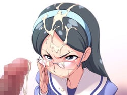 angry black_eyes black_hair censored clothing cum cum_on_glasses cum_on_hair facial female glasses go!_princess_precure kira_keita kisaragi_reiko long_hair mosaic_censoring penis precure pretty_cure school_uniform schoolgirl solo_focus