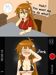 1girls angry big_breasts blush bra bracelets breasts brown_eyes brown_hair covering_eyes english_dialogue english_text female hand_over_eyes jacket karin_(zenostriker) long_hair original_character red_jacket sweat zenostriker