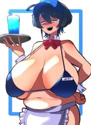 1girls 30th_video_rentals ahoge apron belly beverage big_breasts black_hair blue_stripes blush bowtie bra cap drink enormous_breasts fat_belly holding_plate huge_breasts hyper hyper_breasts indie_virtual_youtuber kataochi_chuuko kataoti_30 large_breasts looking_at_viewer nakako_kataochi nametag sagging_breasts short_hair smile thighs virtual_youtuber vtuber waitress wrist_cuffs