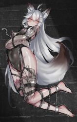 absurdres ahoge animal_ear_fluff animal_ears black_leotard blush bodysuit bondage breasts cameltoe chains clenched_teeth closed_eyes collar covered_navel covered_nipples egg_vibrator female grey_hair highres latex latex_bodysuit latex_leotard leotard long_hair looking_at_viewer lying medium_breasts motion_lines on_side original pxfz1234 sex_toy shibari_over_clothes skin_tight solo tail teeth very_long_hair vibrator