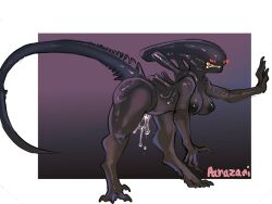 1girls after_sex alien alien_(franchise) alien_girl alien_humanoid black_nipples black_skin breasts cum cum_dripping female_xenomorph medium_breasts nipples parazari solo solo_female tail thighs xenomorph