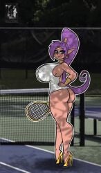 animated ass blue_eyes bottomless breasts choker female gold_choker gold_heels haloowl hand_on_own_hip high_heels high_ponytail huge_ass huge_breasts large_breasts leg_lift looking_at_viewer outdoors pointy_ears ponytail purple_hair pussy racket shantae shantae_(character) shantae_(series) shoes solo split standing standing_on_one_leg standing_split tagme tennis_court tennis_racket thick_thighs thighs video yellow_shoes