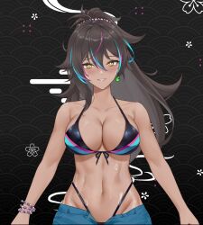 2d bikini black_hair bra dark_skin highlights highlights_(coloring) indie_virtual_youtuber model neon_harper panties standing sweat sweating tan_body thick_ass thick_thighs virtual_youtuber