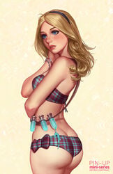 1girls blonde_hair blue_eyes blush bra bracelet fair-skinned_female fair_skin female female_focus female_only hair hairband hand_on_head league_of_legends light-skinned_female light_skin lingerie liquid long_hair luxanna_crownguard panties pinup pose presenting ribbon side_view skimpy_clothes solo solo_female solo_focus standing tsuaii vial