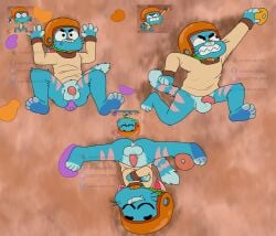 absurd_res animal_genitalia animal_penis anthro armor balls big_balls bottomless cartoon_network chimeracocks clenched_teeth clenching clothed clothing domestic_cat felid feline felis flaccid genitals gumball_watterson headgear helmet hi_res hybrid lagomorph lagomorph_penis leporid male mammal penis presenting public public_nudity rabbit screenshot_redraw small_penis solo teeth the_amazing_world_of_gumball