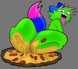 2025 ambiguous_gender anthro ass awakecore big_butt blue_ears blue_tail cheek_tuft dipstick_tail domestic_cat english_description facial_tuft felid feline felis food food_fetish fur green_body green_fur grey_background huge_butt kevin_(nyanwolf) looking_back male_(lore) mammal markings open_mouth pizza sharp_teeth simple_background sitting solo sparklefur tail tail_markings teeth tongue tongue_out tuft