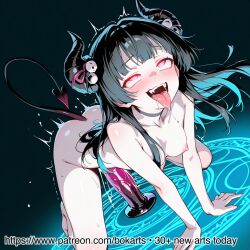 ahe_gao ai_generated black_hair blush bokarts drooling explicit fangs female horns large_breasts long_hair magic_circle nipples nsfw patreon pink_dildo pov red_eyes saliva skull_hair_accessories solo_focus succubus sweat tail tongue_out vampire wet_skin