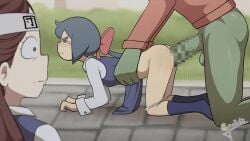 1boy 2girls akko_kagari animated ass atsuko_kagari big_penis censored constanze_amalie_von_braunschbank-albrechtsberger femsub gigalleta little_witch_academia maledom no_sound panties panties_down penis petite practically_nude small_breasts