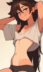 ai_generated alternate_hair_length alternate_hairstyle armpits black_underwear crop_top extremely_long_hair freckles half-closed_eyes hands_in_hair lena_oxton long_hair looking_at_viewer loose_shirt overwatch tan_skin tank_top tanlines tracer underwear