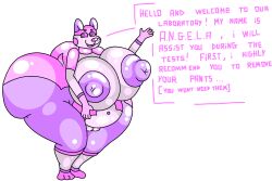 angela_(dahliathefox) anthro ass big_breasts big_butt big_nipples big_pussy breasts canid canine dahliathefox english_text female glistening glistening_body huge_breasts huge_butt huge_nipples hyper hyper_breasts hyper_butt hyper_nipples machine mammal nipples robot robot_anthro simple_background solo talking_to_viewer text white_background