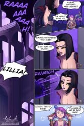 2girls background big_breasts color colored comic comic_page comic_panel deer deer_ears deer_girl doktor_malefic half_naked league_of_legends leblanc lillia_(league_of_legends) long_hair motion_lines purple_nipples short_hair sweat sweatdrop sweating sweaty sweaty_breasts text