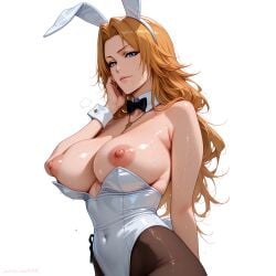 ai, ai_art ai_generated animal_ears arm_behind_back artist_name bare_shoulders black_bow black_bowtie black_pantyhose bleach bleach:_the_thousand-year_blood_war blue_eyes bow bowtie breasts breasts_out brown_pantyhose cleavage covered_navel detached_collar fake_animal_ears fake_tail female hairband hand_on_own_face highleg highleg_leotard jewelry large_breasts leotard leotard_pull, lips long_hair looking_at_viewer matsumoto_rangiku mole mole_under_mouth necklace nipples orange_hair pantyhose parted_bangs patreon_username playboy_bunny puffy_nipples rabbit_ears rabbit_tail shiny_skin simple_background smile solo strapless strapless_leotard sweat tagme tail traditional_bowtie wet white_background white_leotard white_wrist_cuffs wrist_cuffs xxai