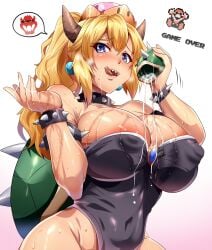 areola_slip armlet artificial_vagina bar_censor black_leotard blonde_hair blue_eyes bowsette bracelet breasts censored censored_identity choker commentary covered_nipples crown cum cum_on_body female heart heart-shaped_pupils highleg highleg_leotard highres horns jewelry large_breasts leotard licking_lips looking_at_viewer magukappu mario mario_(series) new_super_mario_bros._u_deluxe sex_toy sharp_teeth shell simple_background solo spiked_armlet spiked_bracelet spiked_choker spiked_shell spikes strapless strapless_leotard super_crown sweat symbol-shaped_pupils teeth tongue tongue_out upper_body used_artificial_vagina