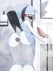 2025 5_fingers absurd_res anthro anthro_penetrated anus ass avian bathroom beak biped bird blue_body blue_hair blush bodily_fluids breasts cum cum_in_vagina cum_inside digital_media_(artwork) dildo erection feathers female female_penetrated fingernails fingers genital_fluids genitals hair hi_res inside kaltespur looking_at_viewer looking_back looking_back_at_viewer male male/female male_penetrating male_penetrating_female mirror nails non-mammal_breasts nude nude_anthro nude_female open_beak open_mouth penetration penile penile_penetration penis penis_in_vagina pink_eyes rear_view sex sex_toy solo standing suction_cup_dildo tail tail_feathers vaginal_penetration vulva wet wet_body