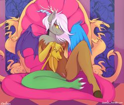 anthro bedroom_eyes daxhie discord_(mlp) eris_(mlp) friendship_is_magic fur hair horn hybrid long_hair mammal my_little_pony pussy rule_63 straight_hair throne tumblr twicane wings