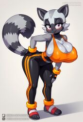 ai_generated animal_ears animal_nose artist_name bare_shoulders blush bodysuit breasts cleavage closed_mouth colored_skin covered_nipples cumsonics curvy female full_body furry furry_female grey_background hand_on_own_hip huge_breasts large_breasts leaning_forward looking_at_viewer metadata_request model_request patreon_username purple_eyes shiny shoes short_hair signature simple_background smile snout solo sonic_(series) tail tangle_the_lemur thick_thighs thighs twitter_username wide_hips