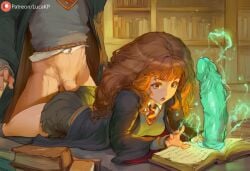 1boy 1girls ai_generated book brown_hair dildo doggy_style female glowing glowing_genitalia green_dildo harry_james_potter harry_potter hermione_granger large_dildo large_penis laying_down laying_on_stomach library lucakp magic magic_penis male patreon patreon_link patreon_logo patreon_reward patreon_url patreon_username school_uniform schoolgirl schoolgirl_uniform sex sex_from_behind shocked shocked_expression skirt summoning summoning_circle tagme