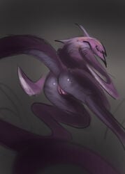 abstract_background alien anus ass claws evolve female low-angle_shot purple_skin pussy raised_tail rear_view shiny smile solo tentacle wraith_(evolve)