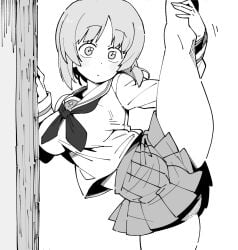 blouse blush closed_mouth commentary_request female frown girls_und_panzer greyscale henyaan_(oreizm) highres leg_up long_sleeves looking_at_viewer miniskirt monochrome neckerchief nishizumi_miho ooarai_school_uniform outside_border pleated_skirt school_uniform serafuku shirt short_hair skirt socks solo split standing standing_on_one_leg standing_split