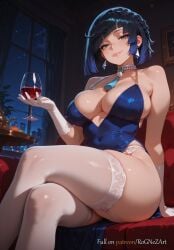2025 ai_generated anime bangs bare_shoulders black_hair blue_dress blue_hair bob_cut braid braided_hair breasts cleavage couch covered_navel crossed_legs crossover cup diagonal_bangs dress drinking_glass earrings elbow_gloves eye_contact female female_focus garter_straps genshin_impact gloves green_eyes handwear highres holding holding_cup hoyoverse huge_breasts indoors inside jewelry large_breasts looking_at_viewer mihoyo multicolored_hair night nsfw patreon pelvic_curtain rognezart short_hair sitting sky smile smiling solo tassel thick_thighs thighhighs thighs two-tone_hair white_gloves white_thighhighs window wine_glass yelan_(genshin_impact)