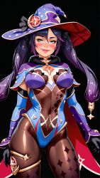ai_generated blue_hair bodysuit choker fur_collar genshin_impact green_eyes hat leotard looking_at_viewer medium_breasts mona_(genshin_impact) purple_hair saraserah twintails wizard_hat