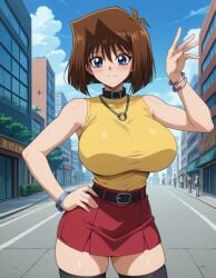 ai-created ai_generated bangs bare_shoulders belt black_legwear black_thighhighs blue_eyes blue_sky blush bracelet breasts brown_hair building choker city cityscape closed_mouth clothing cloud collar curvaceous day earrings female female_only hand_on_hip hand_on_own_hip huge_breasts jewelry large_breasts legwear looking_at_viewer mazaki_anzu miniskirt necklace outdoors pleated_skirt red_skirt road shiny shiny_skin shirt short_hair skirt sky sleeveless sleeveless_shirt smile solo solo_focus stable_diffusion standing street tachimaru thick_thighs thighhighs thighs waving yellow_shirt yu-gi-oh! yu-gi-oh!_duel_monsters yu-gi-oh!_the_dark_side_of_dimensions zettai_ryouiki