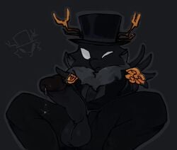 1boy 2025 2025s 2d aliasing anthro anthro_character anthropomorphic_character antlers balls ballsack beardlike_fur big_balls big_penis black_clothing black_feathers black_fur black_pants black_suit black_top_hat black_wings bodily_fluids bodily_fluids_drip brown_antlers character_design clothed clothing costume_design creature_character crouching_pose dark_background dark_gray_tie dark_theme detailed_shading digital_art dressed_in_black edit erection face_fur fancy_clothing fantasy_character feathered_shoulders flower_accessory fluff_collar fluffy_neck formal_clothing full_body fur furry furry_collar genital_fluid genitalia genitals gentleman glowing_eyes golden_flower gray_body gray_fur gray_outline gray_shirt grayscale hat_shadow hybrid lapel_flower male male_anthro mysterious_character one_eye_closed orange_antlers orange_flower penis pochiiwa precum presenting presenting_penis roblox roblox_character shaded shading shadow shirt shoulder_accessory shoulder_spikes side_doodle sitting_pose sketch_doodle small_doodle solo spray_paint_(roblox) standing_pose tie top_hat tuxedo villain_vibes watermark white_eyes