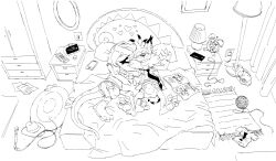 2025 anthro balls_outline bed bedroom blazer bobcat bodily_fluids bubsy bubsy_(series) bulge catsnbriefs chest_tuft claws clothed clothing detailed_bulge discarded_clothing drooling duo fangs feet felid feline fur furniture genital_outline gex_(series) gex_the_gecko hand_holding hat headgear headwear heart_symbol hi_res lizard lynx male male/male mammal messy_room monochrome necktie pantsless pawpads paws reptile saliva scales scalie shirt simple_background sleeping sleeping_together smile tail tank_top teeth topwear tuft underwear whip white_background