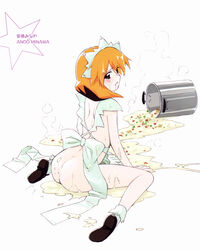 1girls andou_minawa apron ass back blush casual character_name female food footwear highres human humanoid jitama_(bou) kanji mahoromatic maid_headdress naked_apron open_mouth orange_hair outerwear pale_skin short_hair smoke solo spread_legs star tears teeth text white_background