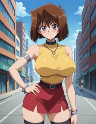 ai-created ai_generated armband bangs bare_shoulders belt black_legwear black_thighhighs blue_eyes blue_sky blush bracelet breasts brown_hair building choker city cityscape cleavage closed_mouth clothing cloud collar day earrings female female_only hair_intakes hand_on_hip hand_on_own_hip high_resolution jewelry large_breasts legwear looking_at_viewer mazaki_anzu miniskirt necklace outdoors pencil_skirt pleated_skirt red_skirt road shirt short_hair skirt sky sleeveless sleeveless_shirt smile solo solo_focus stable_diffusion standing street tachimaru taut_clothes taut_shirt thighhighs thighs yellow_shirt yu-gi-oh! yu-gi-oh!_duel_monsters yu-gi-oh!_gx yu-gi-oh!_the_dark_side_of_dimensions zettai_ryouiki